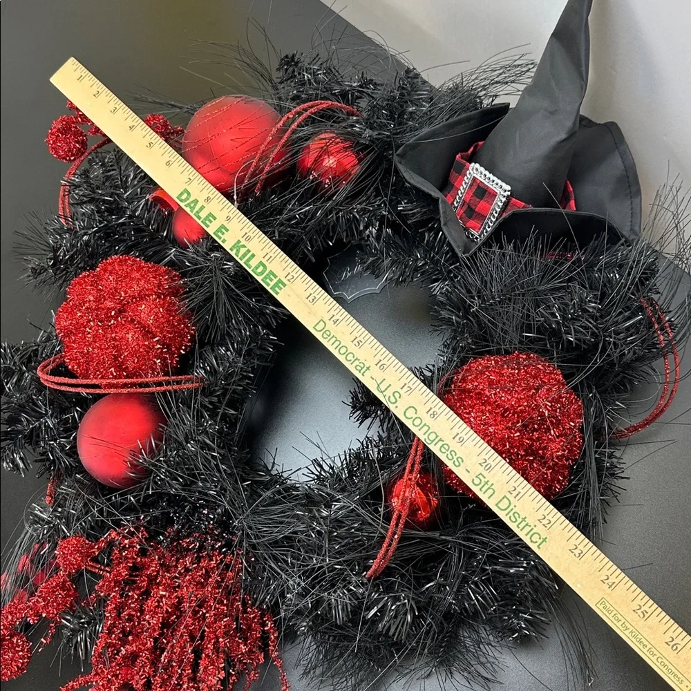 Bella Lux Halloween Witch Leg Wreath Red Black Glitter Baubles Pumpkin Hat Broom